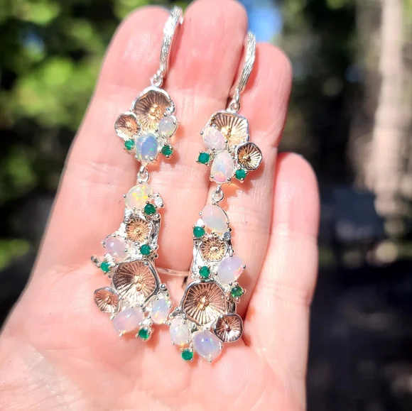 STUNNING Opal & Green Onyx floral chandelier sterling &gold dramatic earrings - Picture 8 of 8